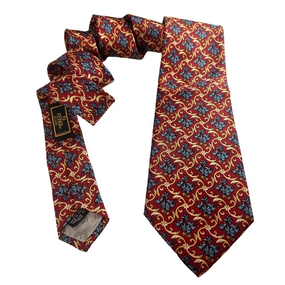 Fendi Neck Tie Italy Luxury Classic Silk Floral Gold Scroll Pattern Vintage - Picture 9 of 12